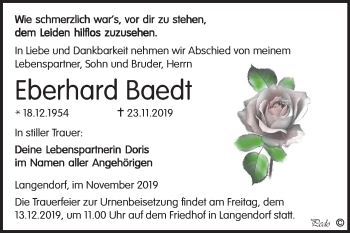 Traueranzeige von Eberhard Baedt von Wochenspiegel Weißenfels