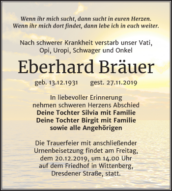 Traueranzeige von Eberhard Bräuer von Mitteldeutsche Zeitung Wittenberg