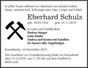Traueranzeige von Eberhard Schulz von Super Sonntag Merseburg/Querfurt