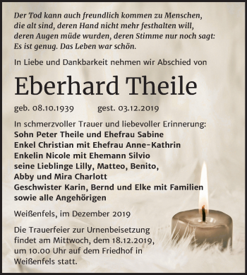 Traueranzeige von Eberhard Theile von Wochenspiegel Weißenfels