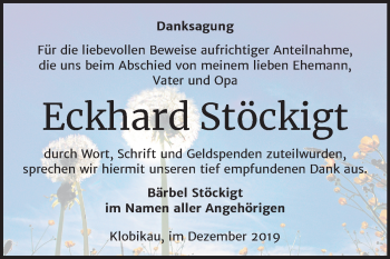 Traueranzeige von Eckhard Stöckigt von Super Sonntag Merseburg/Querfurt