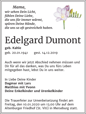Traueranzeige von Edelgard Dumont von Mitteldeutsche Zeitung Merseburg/Querfurt
