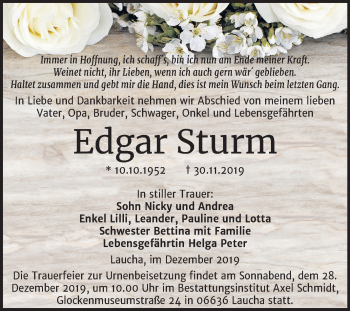 Traueranzeige von Edgar Sturm von Wochenspiegel Naumburg/Nebra