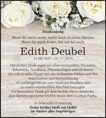 Traueranzeige von Edith Deubel von Wochenspiegel Weißenfels