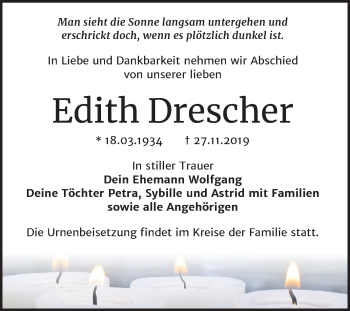 Traueranzeige von Edith Drescher von Wochenspiegel Bitterfeld