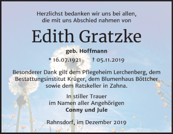 Traueranzeige von Edith Gratzke von Super Sonntag Wittenberg