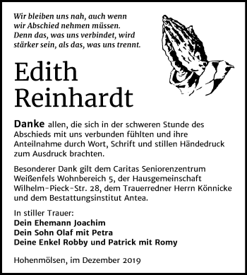 Traueranzeige von Edith Reinhardt von Wochenspiegel Weißenfels
