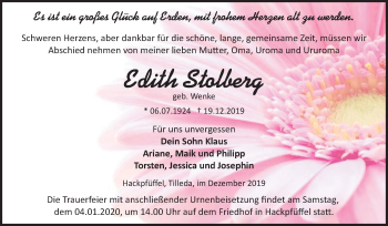Traueranzeige von Edith Stolberg von Super Sonntag Sangerhausen