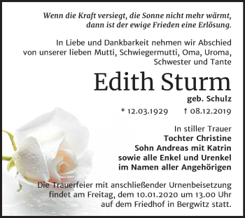 Traueranzeige von Edith Sturm von Super Sonntag Wittenberg