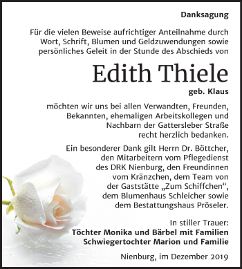 Traueranzeige von Edith Thiele von Super Sonntag Bernburg