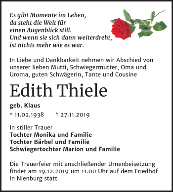 Traueranzeige von Edith Thiele von Mitteldeutsche Zeitung Bernburg