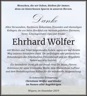 Traueranzeige von Ehrhard Wölfer von Mitteldeutsche Zeitung Mansfelder Land