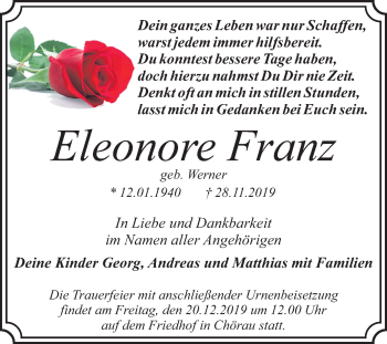 Traueranzeige von Eleonore Franz von Mitteldeutsche Zeitung Dessau-Roßlau