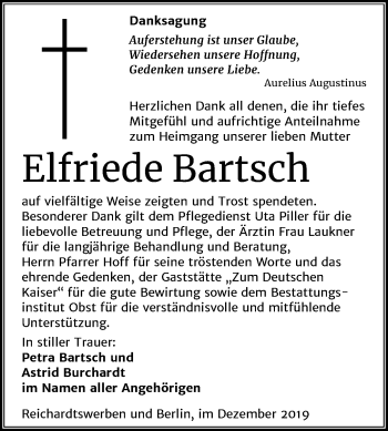 Traueranzeige von Elfriede Bartsch von Wochenspiegel Weißenfels