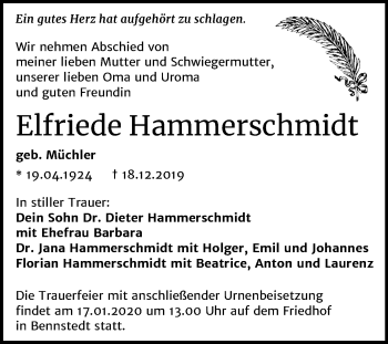 Traueranzeige von Elfriede Hammerschmidt von Mitteldeutsche Zeitung Halle/Saalkreis