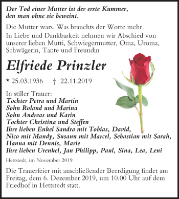 Traueranzeige von Elfriede Prinzler von Wochenspiegel Mansfelder Land