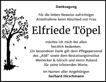 Traueranzeige von Elfriede Töpel von Mitteldeutsche Zeitung Bernburg