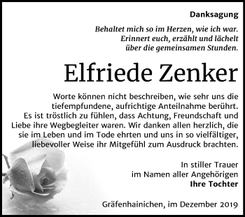 Traueranzeige von Elfriede Zenker von Super Sonntag Wittenberg