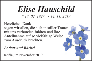Traueranzeige von Elise Hauschild von Mitteldeutsche Zeitung Sangerhausen
