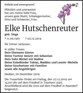 Traueranzeige von Elke Hutschenreuter von Wochenspiegel Weißenfels