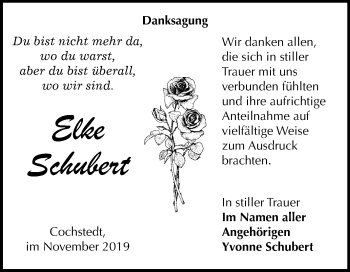 Traueranzeige von Elke Schubert von Mitteldeutsche Zeitung Aschersleben
