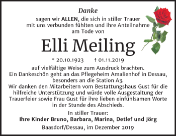 Traueranzeige von Elli Meiling von Mitteldeutsche Zeitung Köthen