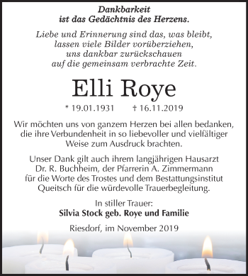 Traueranzeige von Elli Roye von Super Sonntag Köthen
