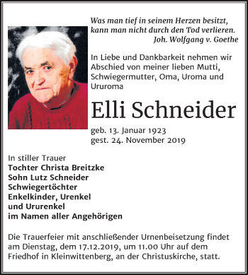 Traueranzeige von Elli Schneider von Mitteldeutsche Zeitung Wittenberg