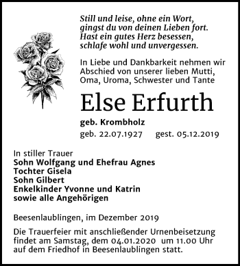 Traueranzeige von Else Erfurth von Mitteldeutsche Zeitung Bernburg