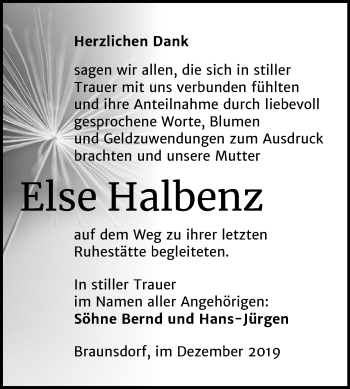 Traueranzeige von Else Halbenz von Super Sonntag Wittenberg