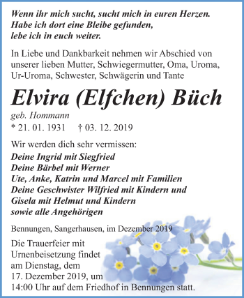 Traueranzeige von Elvira Elfchen Büch von Wochenspiegel Sangerhausen