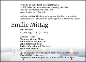 Traueranzeige von Emilie Mittag von Super Sonntag Wittenberg