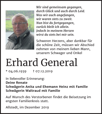 Traueranzeige von Erhard General von Super Sonntag Sangerhausen
