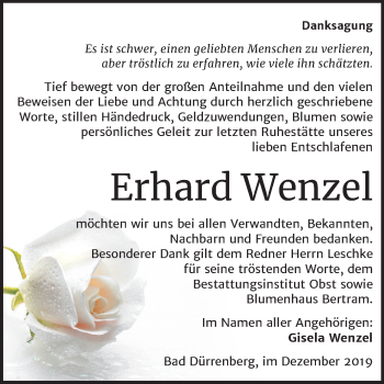 Traueranzeige von Erhard Wenzel von Super Sonntag Merseburg/Querfurt