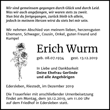 Traueranzeige von Erich Wurm von Mitteldeutsche Zeitung Sangerhausen