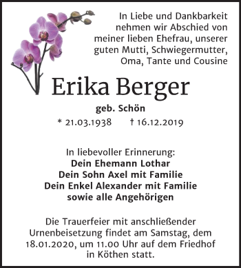 Traueranzeige von Erika Berger von Mitteldeutsche Zeitung Köthen