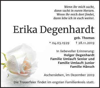 Traueranzeige von Erika Degenhardt von Super Sonntag Aschersleben
