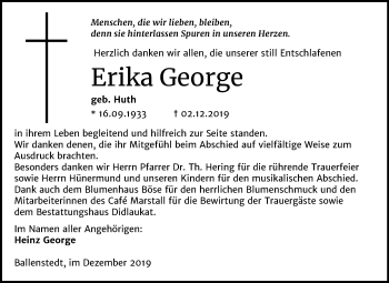 Traueranzeige von Erika George von Mitteldeutsche Zeitung Quedlinburg