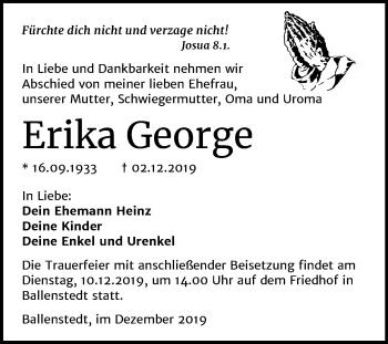 Traueranzeige von Erika George von Super Sonntag Quedlinburg