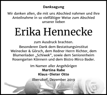 Traueranzeige von Erika Hennecke von Mitteldeutsche Zeitung Bernburg