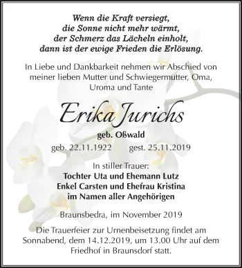 Traueranzeige von Erika Jurichs von Super Sonntag Merseburg/Querfurt