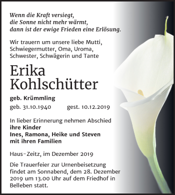 Traueranzeige von Erika Kohlschütter von Mitteldeutsche Zeitung Bernburg