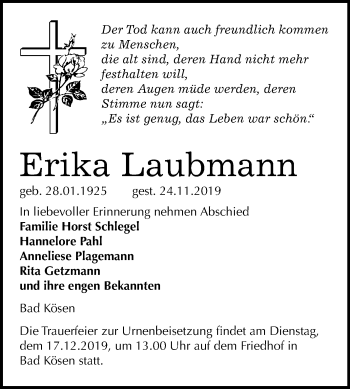 Traueranzeige von Erika Laubmann von Wochenspiegel Naumburg/Nebra