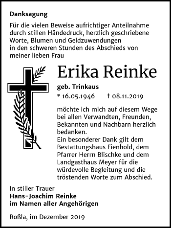 Traueranzeige von Erika Reinke von Mitteldeutsche Zeitung Sangerhausen