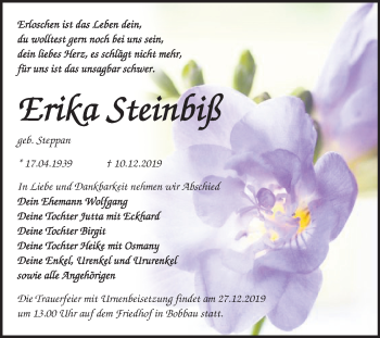 Traueranzeige von Erika Steinbiß von Mitteldeutsche Zeitung Bitterfeld