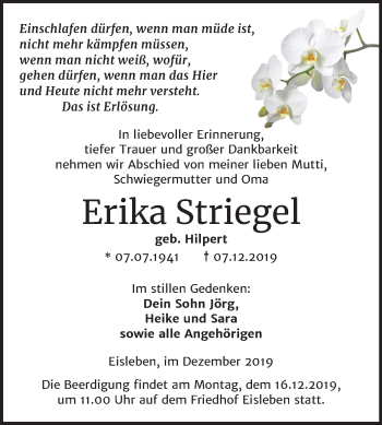 Traueranzeige von Erika Striegel von Mitteldeutsche Zeitung Mansfelder Land