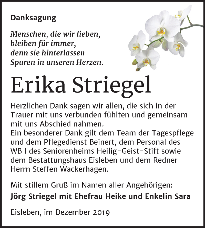  Traueranzeige für Erika Striegel vom 28.12.2019 aus Super Sonntag Mansfelder Land