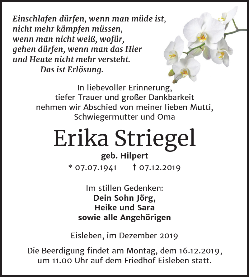  Traueranzeige für Erika Striegel vom 11.12.2019 aus Mitteldeutsche Zeitung Mansfelder Land