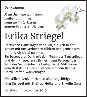 Traueranzeige von Erika Striegel von Mitteldeutsche Zeitung Mansfelder Land