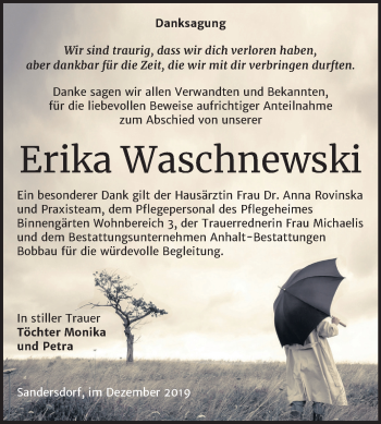 Traueranzeige von Erika Waschnewski von Wochenspiegel Bitterfeld